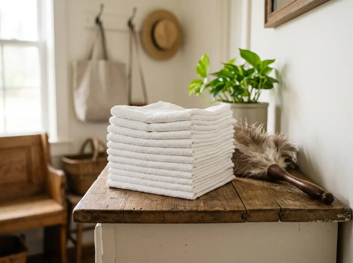 Stack of fresh cleaning cloths and feather duster in a warm home mudroom