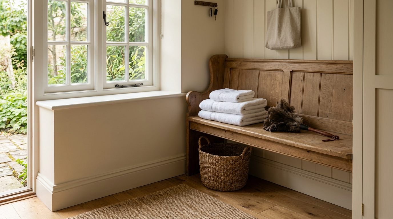 Bright, elegant mudroom and hallway with folded towels, warm wood accents, and soft natural light