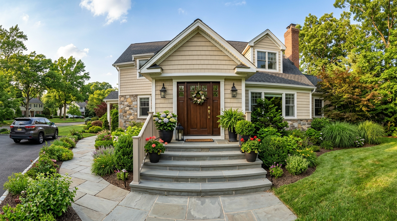 Panoramic foyer with dark entry door transitioning to bright sunlit hardwood hallway