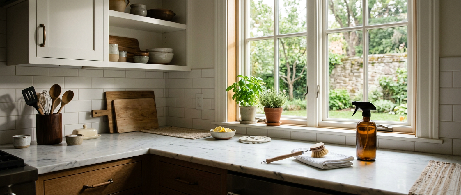 Panoramic kitchen counter with natural side lighting, scrub brush, folded cloth, and amber spray bottle