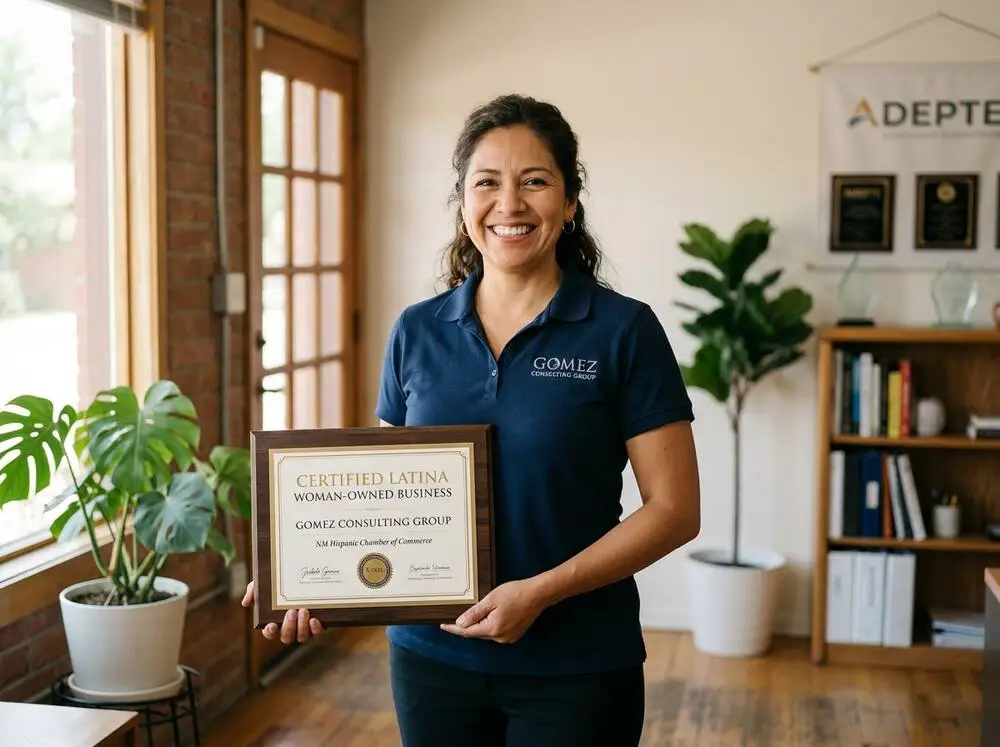 Latina business owner and her cleaning team standing together outside a Hillside home