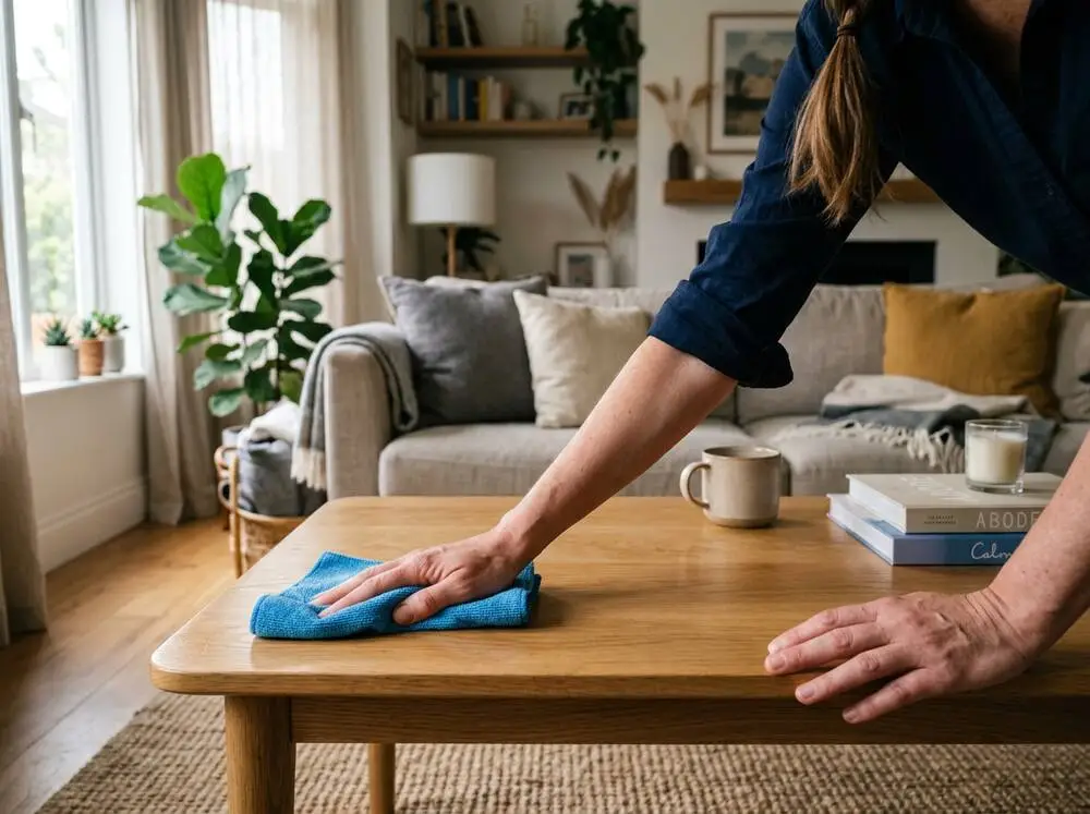 Gloved hand wiping a wood dining table with a microfiber cloth