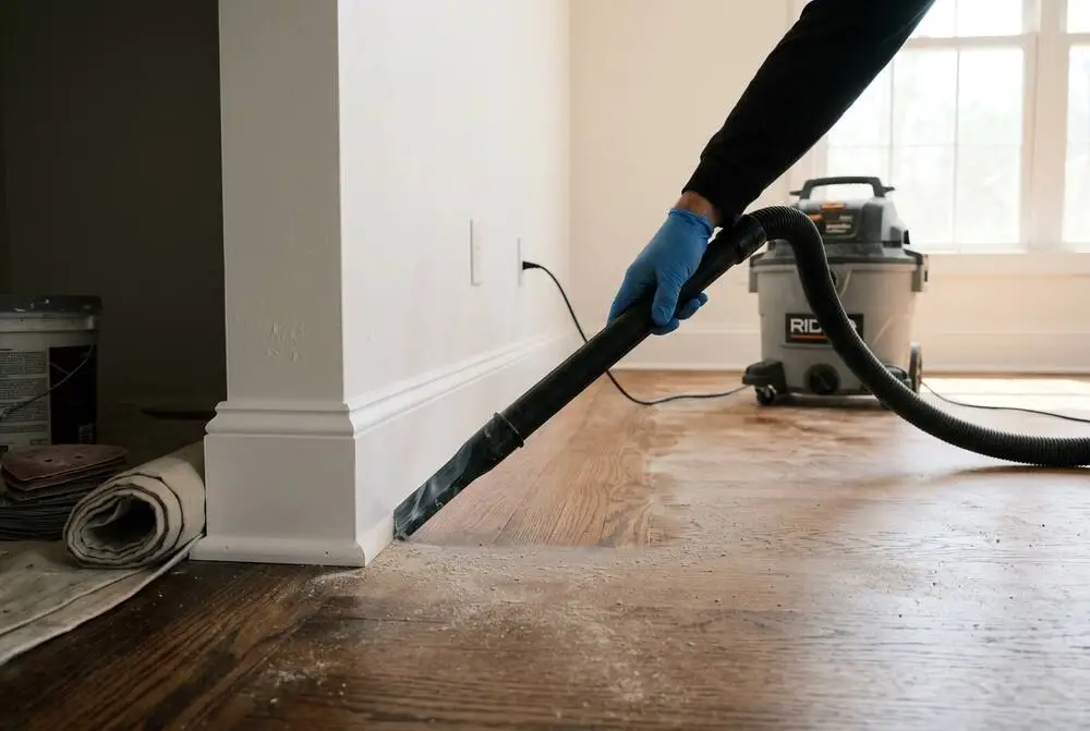 HEPA vacuum picking up drywall dust along a baseboard