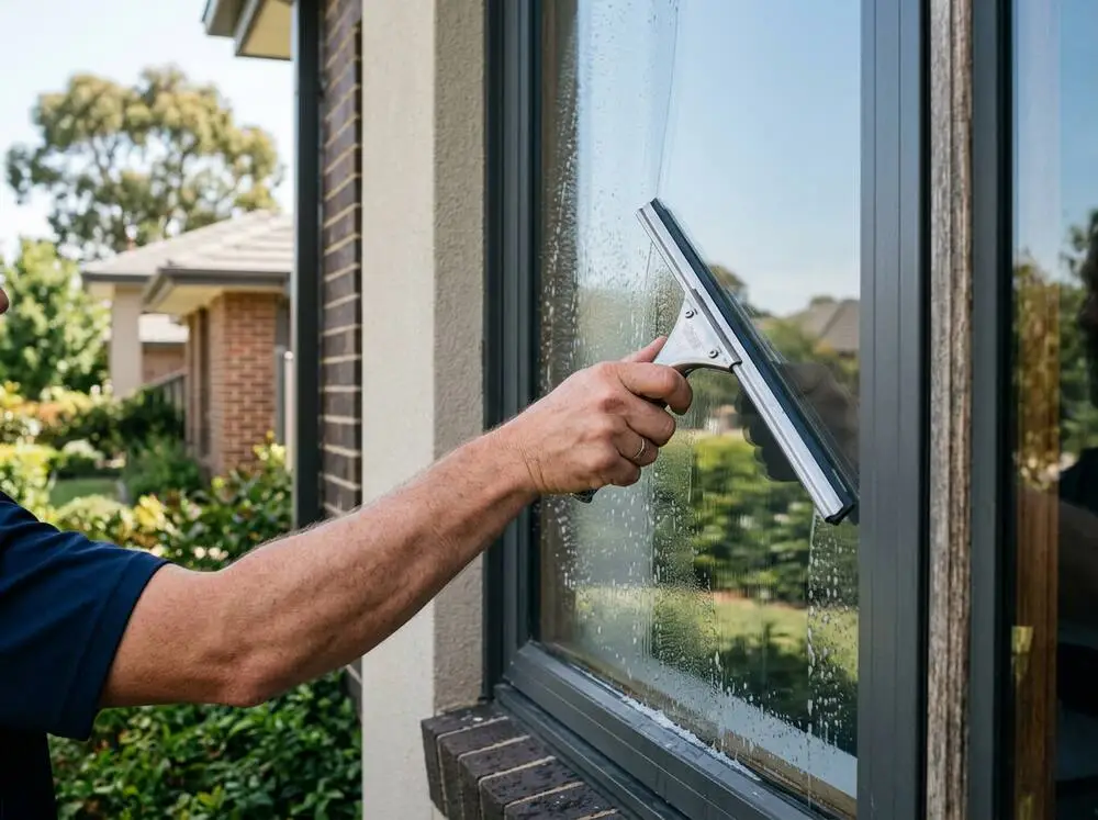 Stainless squeegee cleaning a residential window